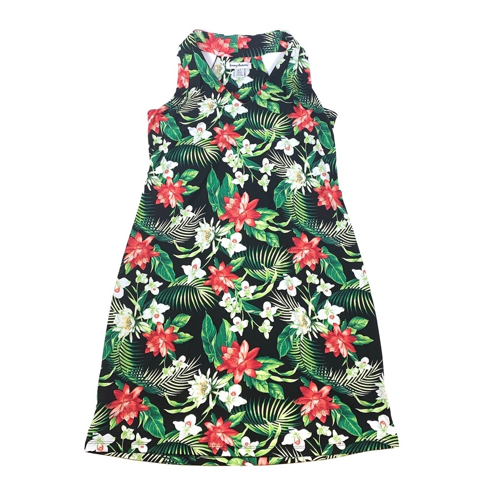Tommy Bahama Grande Jersey Grove Shift Dress S Coconut Palm Black Floral V Neck
